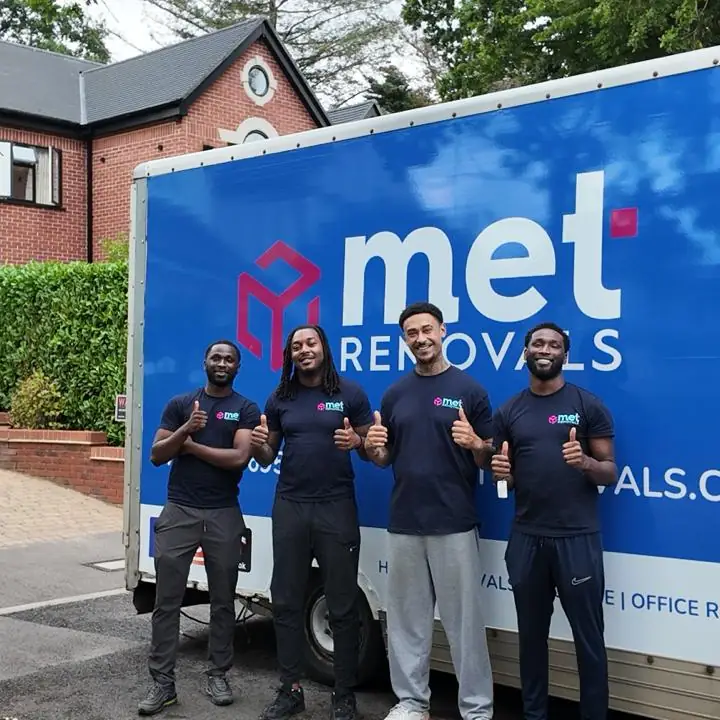 MET Removals crew giving a thumbs up beside a MET Removals van, house removals in Buckhurst Hill