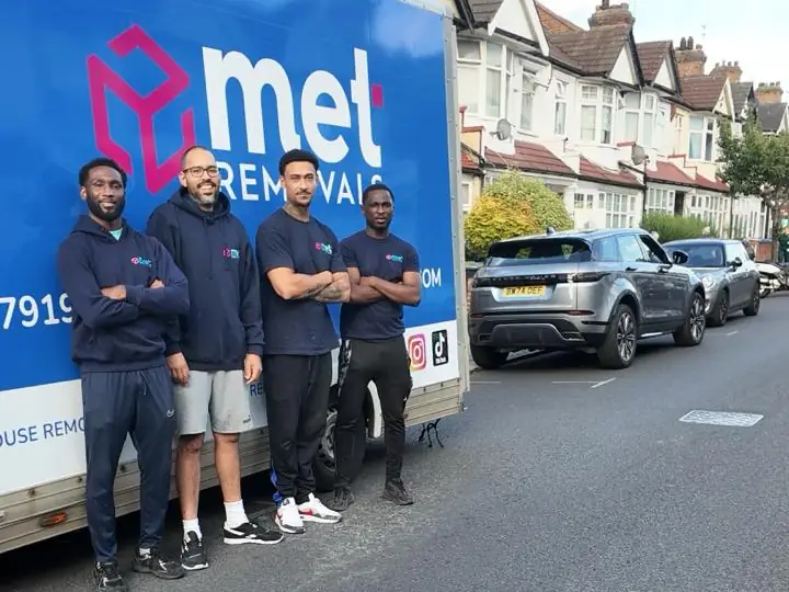 MET Removals team beside their van on a street of bay-fronted terraces, covering Crouch End, Muswell Hill and Hornsey
